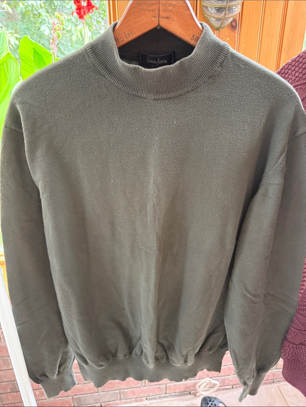 Neiman Marcus 100% Cotton Dark Green Mock Neck Sweater